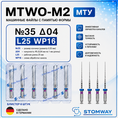 MTWO М2 Тейпер №35 04 L25 WP16, МТУ файлы машинные эндодонтические, VDW