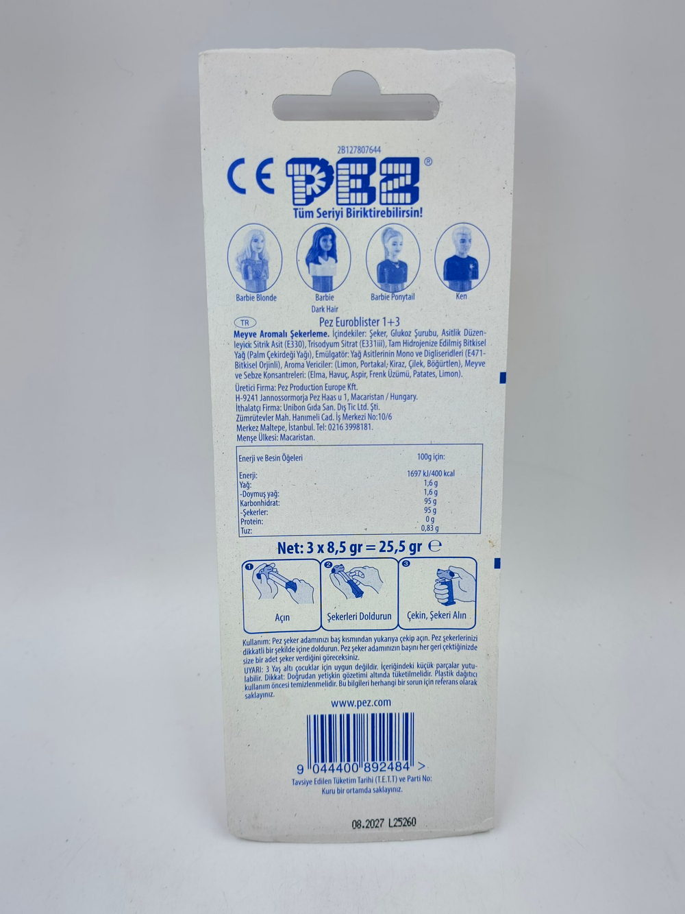 Конфеты PEZ с игрушкой, 3 набора с конфетами по 8,5 г и 1 игрушка-диспенсер (Венгрия)