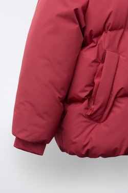 ZARA СТЕГАНОЕ ПАЛЬТО С КАПЮШОНОМ WATER REPELLENT, ТЕМНО-РОЗОВЫЙ