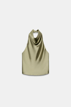 ZARA АТЛАСНЫЙ ТОП С ГОРЛОВИНОЙ ХАЛТЕР, СВЕТЛЫЙ ХАКИ