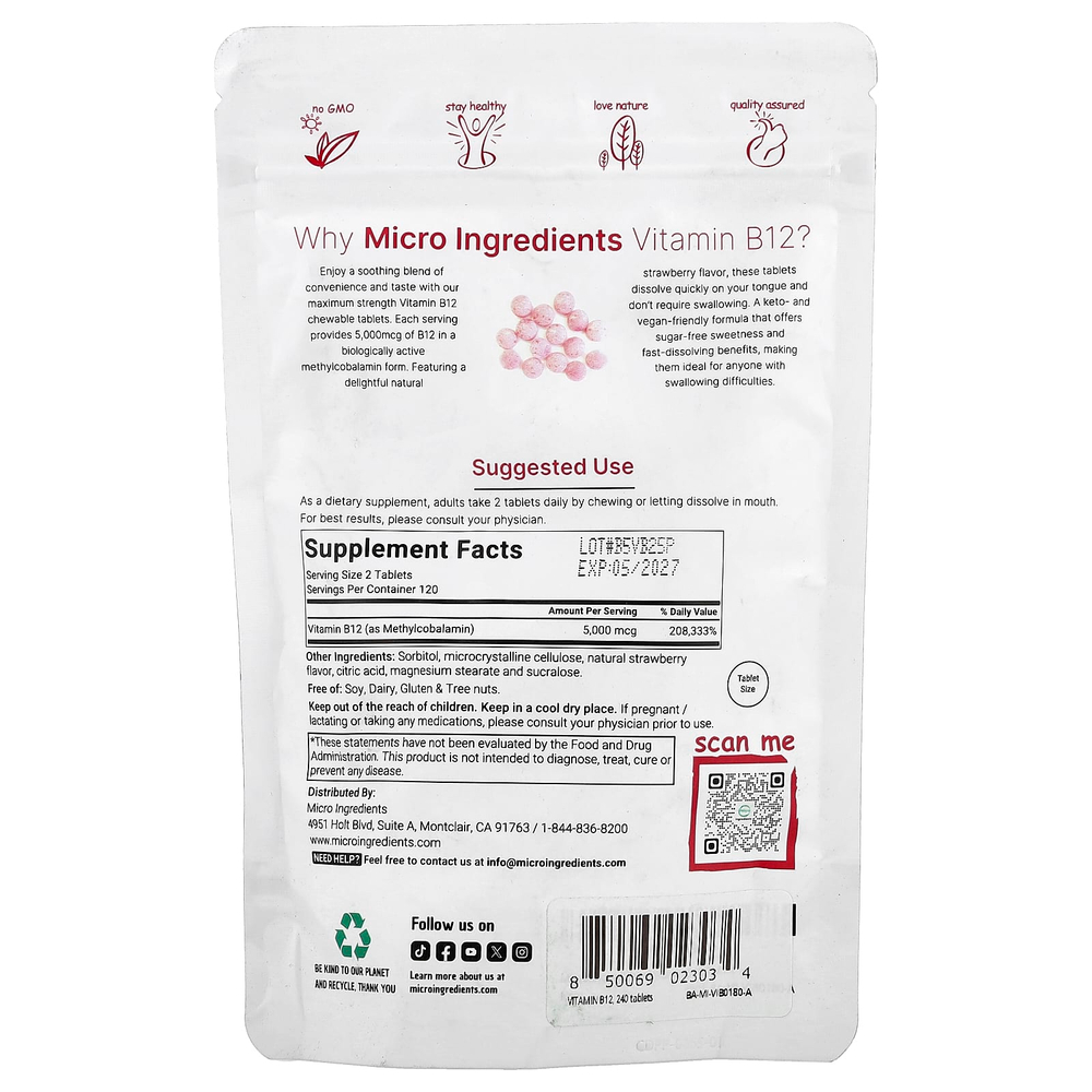 Micro Ingredients, витамин B12, клубника, 240 жевательных таблеток (2500 мкг в 1 таблетке)