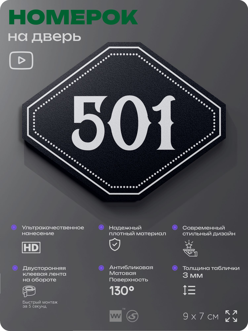 Номерок на дверь квартиры 501, для кабинета, офиса, шильдик 9 х 7 см, черный, Айдентика Технолоджи