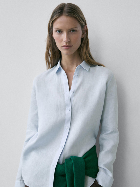 Massimo Dutti Свободная рубашка из 100% льна, небесно-голубой