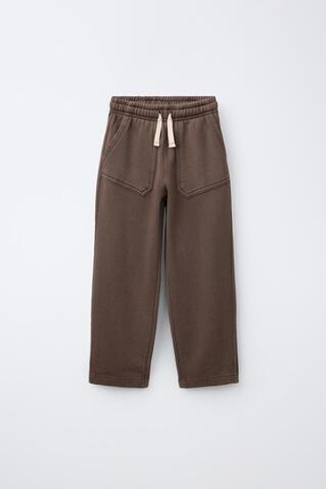 ZARA БРЮКИ BARREL ИЗ МЯГКОЙ ТКАНИ С НАШИВКОЙ, КОРИЧНЕВЫЙ