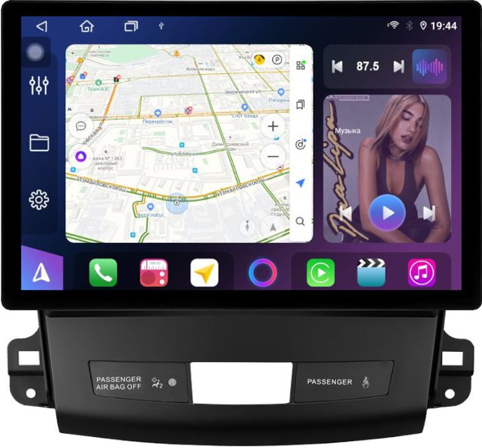 Магнитола для Mitsubishi Outlander XL, Peugeot 4007, Citroen C-Crosser (Rockford, рамка гладкая) - FarCar BX877 монитор 13" 2K QLED на Android 13, Быстрая, CarPlay, 4G SIM-слот
