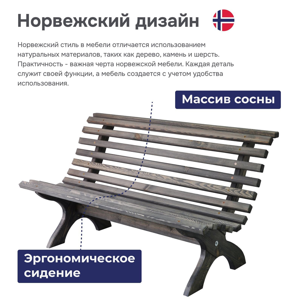 Скамейка садовая 150х74х83 Осло со спинкой деревянная для сада из массива сосны, графит