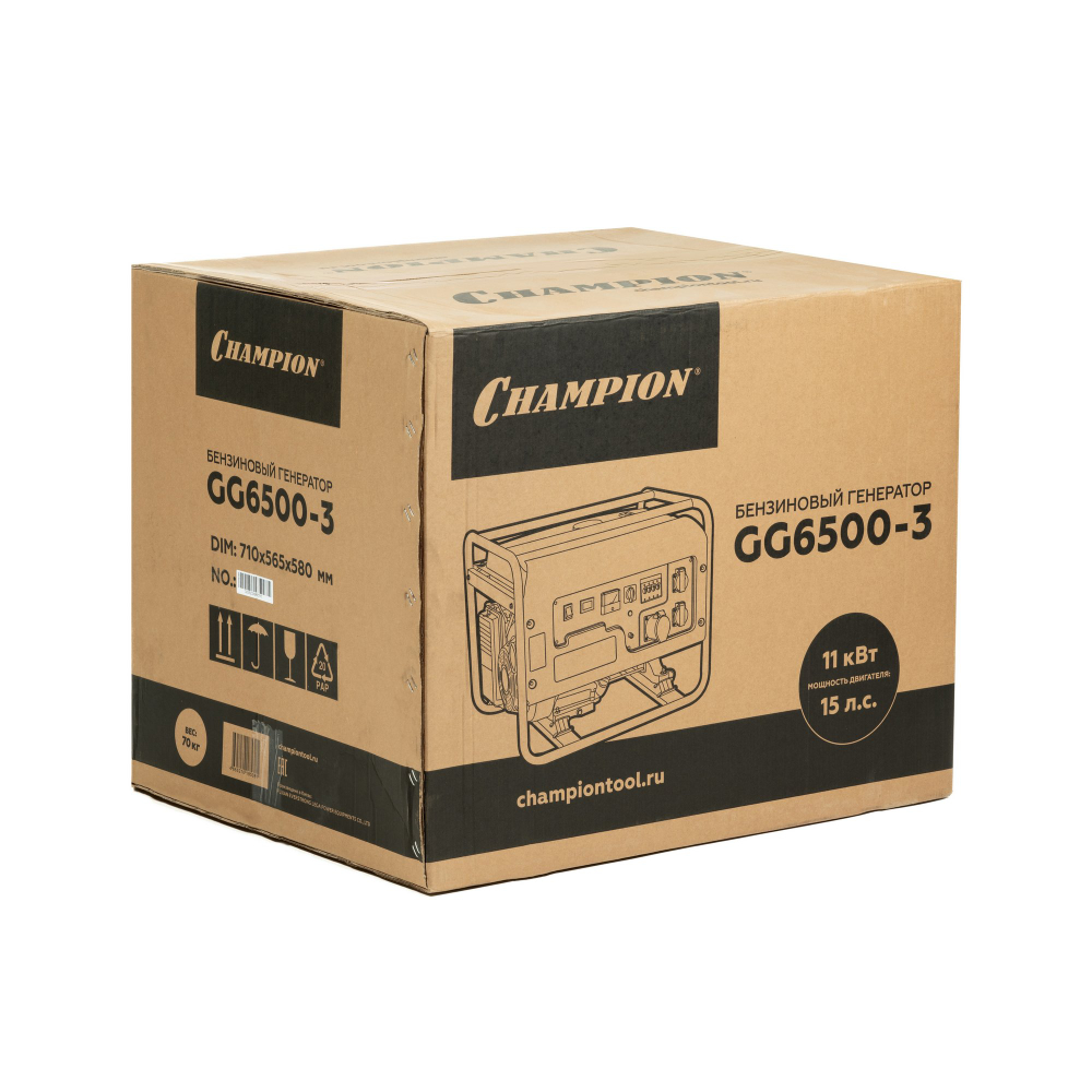 Генератор CHAMPION GG6500-3 (400В6,2/6,8кВАcosф=0,8 15лс 25л 67кг)