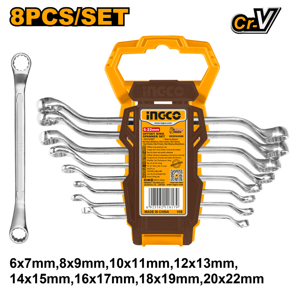 Набор накидных изогнутых ключей INGCO HKSPA3088 INDUSTRIAL 6-22 мм 8 шт. Набор накидных изогнутых ключей INGCO HKSPA3088 INDUSTRIAL 6-22 мм 8 шт.