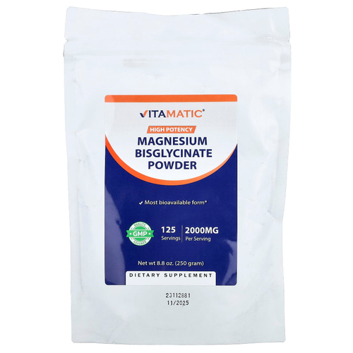 Vitamatic, бисглицинат магния в порошке, высокая эффективность, 250 г (8,8 унции)