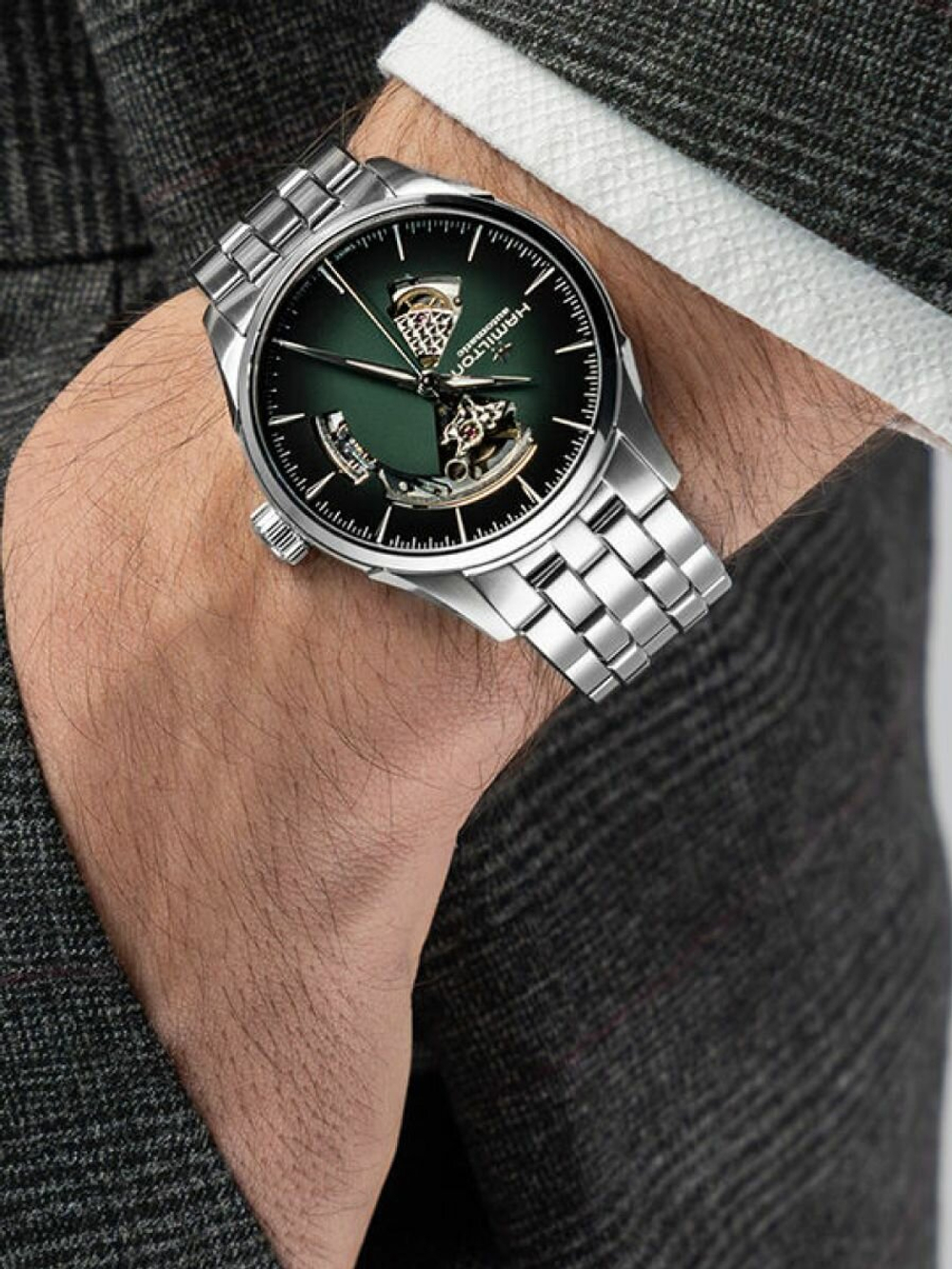 Швейцарские механические наручные мужские часы с автоподзаводом Hamilton Jazzmaster Open Heart Auto H32705160 с циферблатом насыщенного зеленого цвета с градиентным эффектом