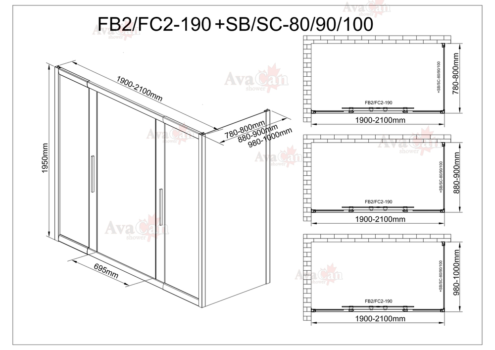 Душевой уголок AvaCan FC2 190-210 + SC80