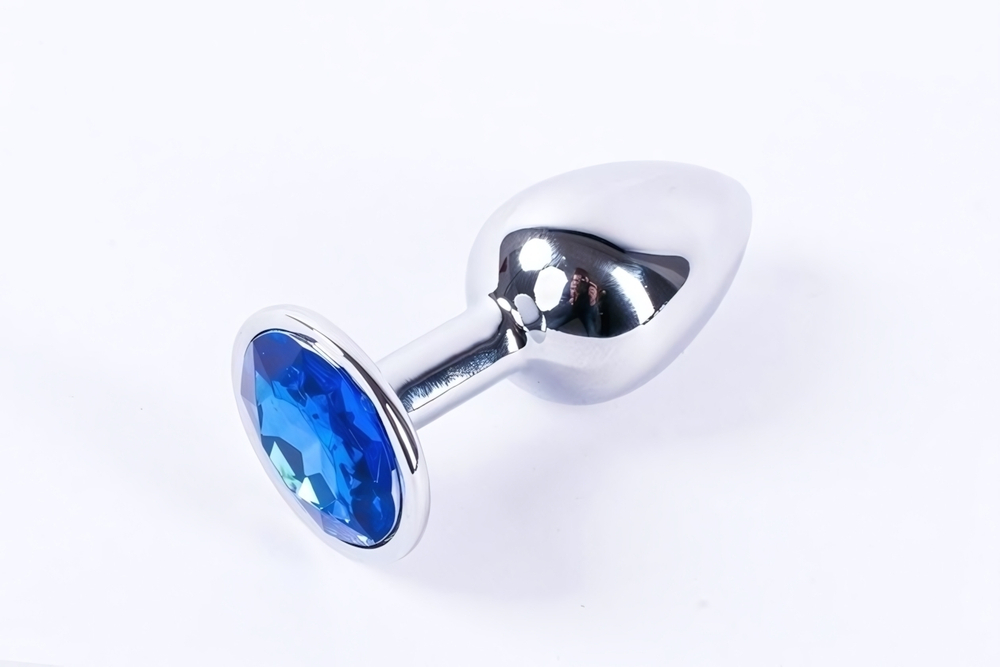 Анальная пробка металлическая серебристая с синим кристаллом Onjoy Metal Plug Silver Large (Цвет: серебряный с синим)