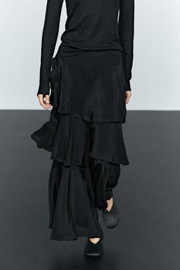 Massimo Dutti Струящаяся юбка-брюки с оборками, черный