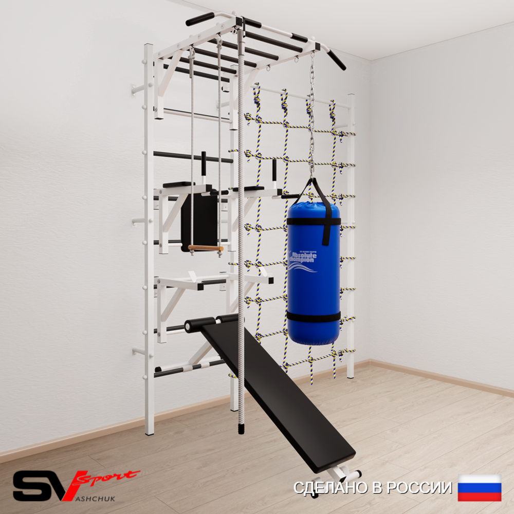 Шведская стенка Sv Sport 56620 (Турник рукоход/Брусья/Стойка/Скамья/Канат/Трапеция/Цепь/Мешок 22кг/Канатный лаз)