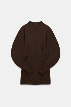 ZARA МИНИ-ПЛАТЬЕ С ОБЪЁМНЫМИ РУКАВАМИ, ТЕМНО-КОРИЧНЕВЫЙ