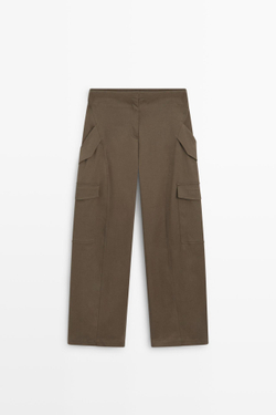 Massimo Dutti Брюки карго из смесового хлопка с деталями на поясе, хаки