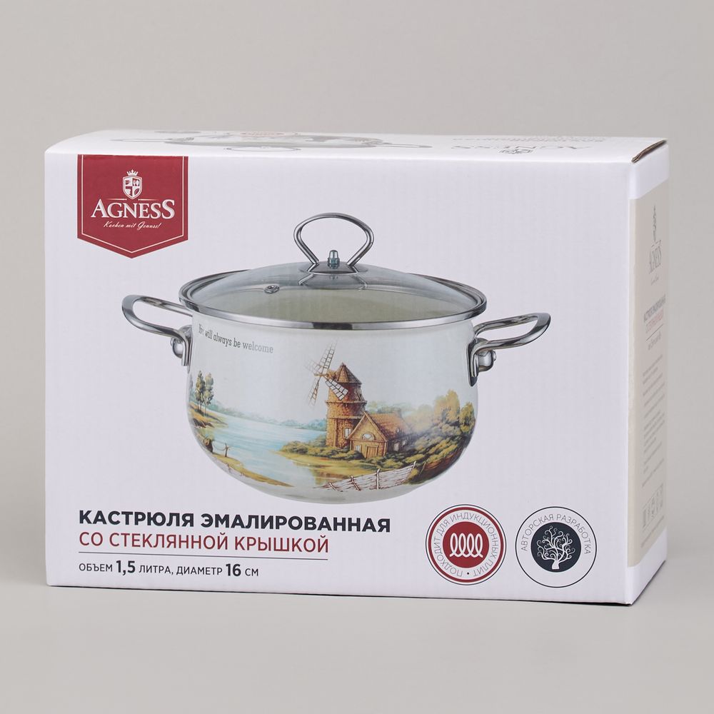 КАСТРЮЛЯ AGNESS ЭМАЛИРОВАННАЯ СО СТЕКЛЯННОЙ КРЫШКОЙ СЕРИЯ "LAVENDER CATS", 1,5 Л ДИА. 16СМ