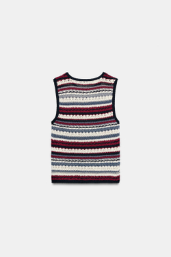 ZARA ТРИКОТАЖНЫЙ ТОП В ПОЛОСКУ, БОРДОВЫЙ/ЭКРЮ