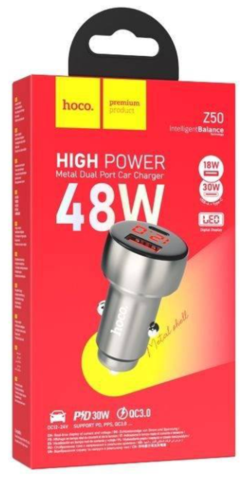 Автомобильное заряд. устр. Hoco Z50 1USB/1C 18W/30W серебристый