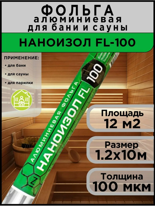 Наноизол FL (12 м2) Фольга алюминиевая строительная для бани, сауны, теплого пола