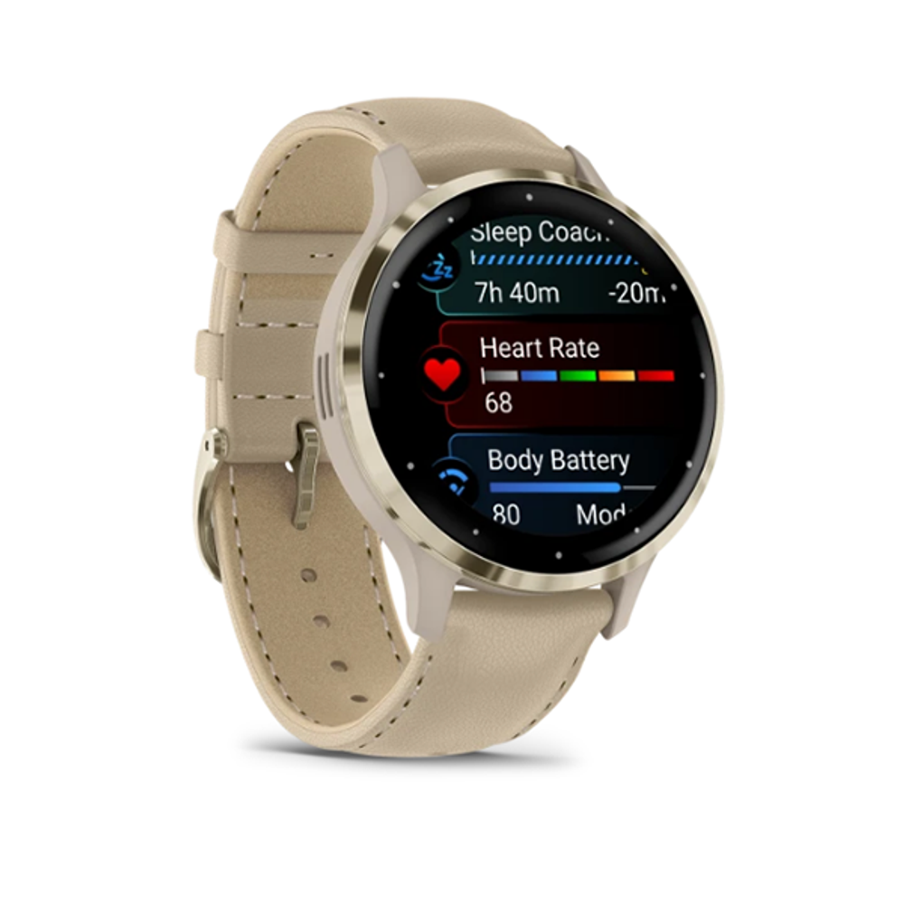 Умные часы Garmin Venu 3S 41 мм Безель из нержавеющей стали из мягкого золота, корпус французского серого цвета и кожаный ремешок