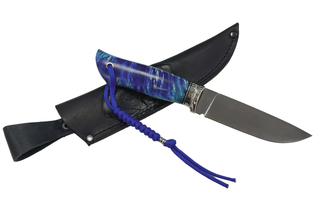 Нож Соболь, Bohler K340, рукоять кап клёна, мельхиор, синий