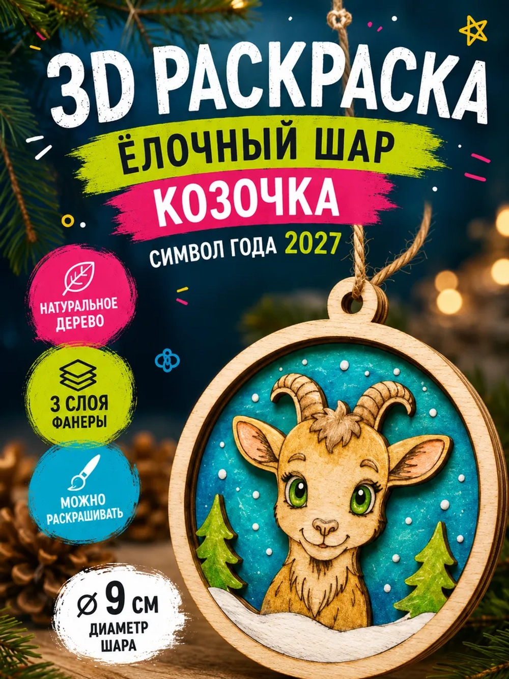 3D раскраска Козочка 2027, ёлочный шар для творчества детям
