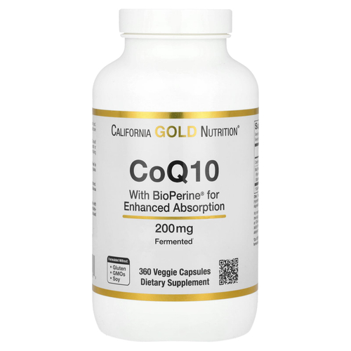 California Gold Nutrition, коэнзим Q10 с экстрактом чёрного перца Bioperine®, 200 мг, 360 растительных капсул