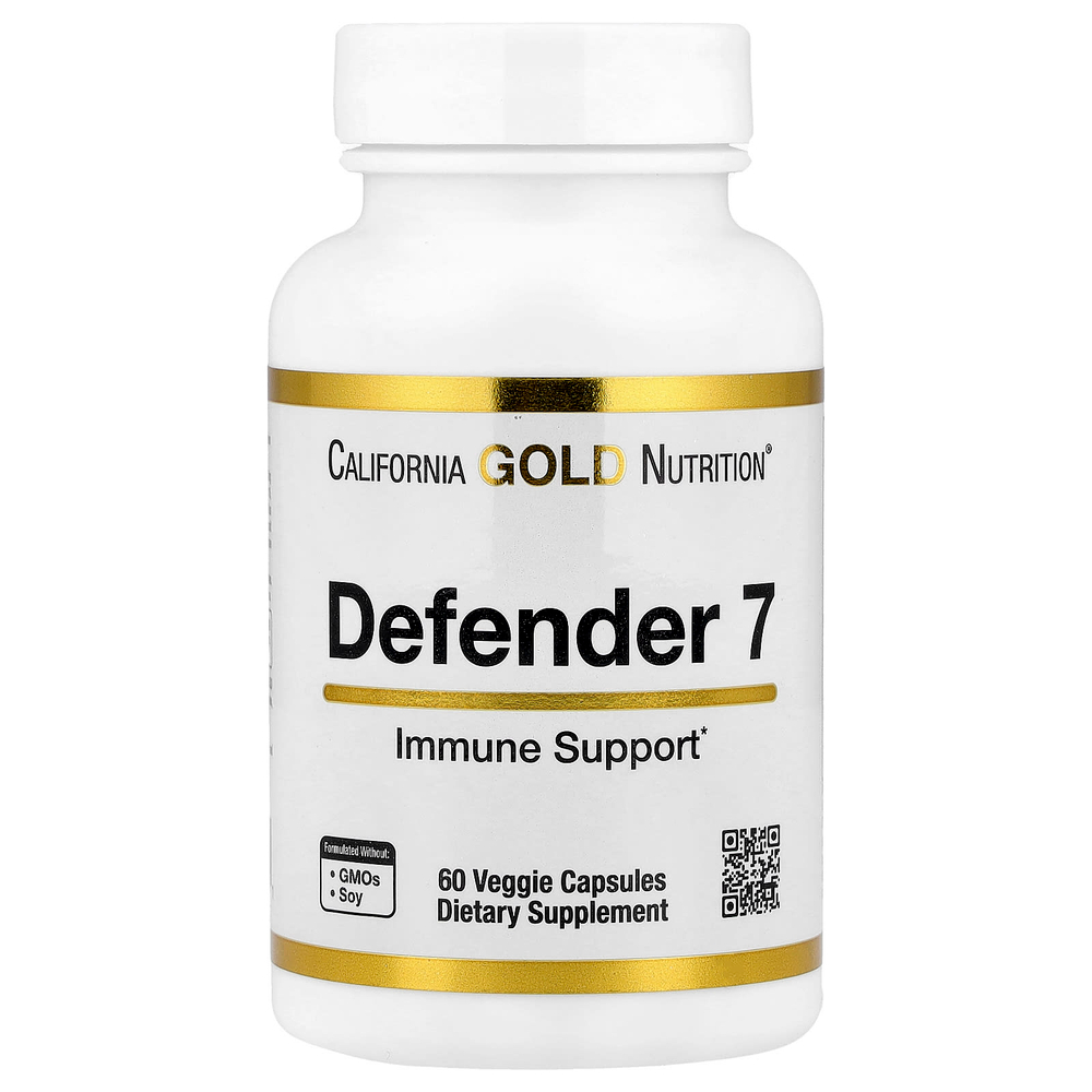 California Gold Nutrition, Defender 7, добавка с витаминами A, C, D3 и B6, цинком, селеном и бета-глюканом, 60 растительных капсул