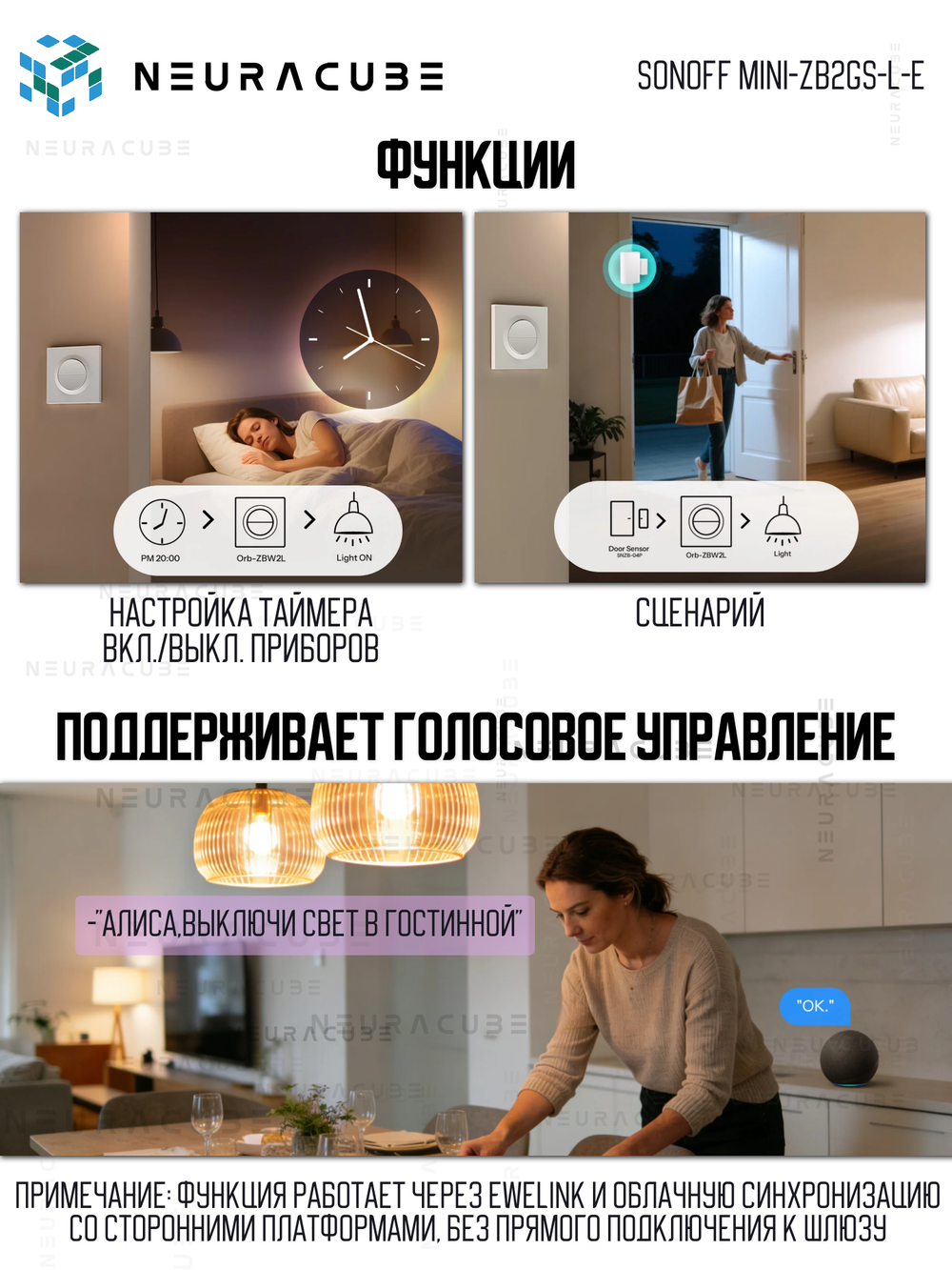 Двухканальный Zigbee выключатель SONOFF MINI-ZB2GS-L-E (Работает с Алисой, Нейтраль не требуется)