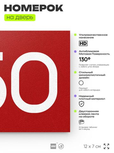 Номер на дверь 950, табличка на дверь для офиса, квартиры, кабинета, аудитории, склада, красная 120х70 мм, Айдентика Технолоджи