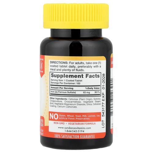 Sundance Vitamins, железо, 65 мг, 100 таблеток, покрытых оболочкой