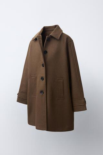 ZARA ДЛИННОЕ ПАЛЬТО ИЗ ШЕРСТЯНОЙ ТКАНИ С ПУГОВИЦАМИ, ШОКОЛАДНЫЙ
