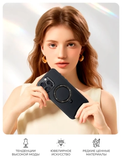 Чехол PYNANA для iPhone 16 Pro Max кожа австрийский хрусталь, полуночно-черный