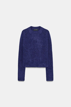 ZARA БАЗОВЫЙ СВИТЕР ИЗ ШЕРСТИ И АЛЬПАКИ, ЧЕРНИЛЬНО-СИНИЙ