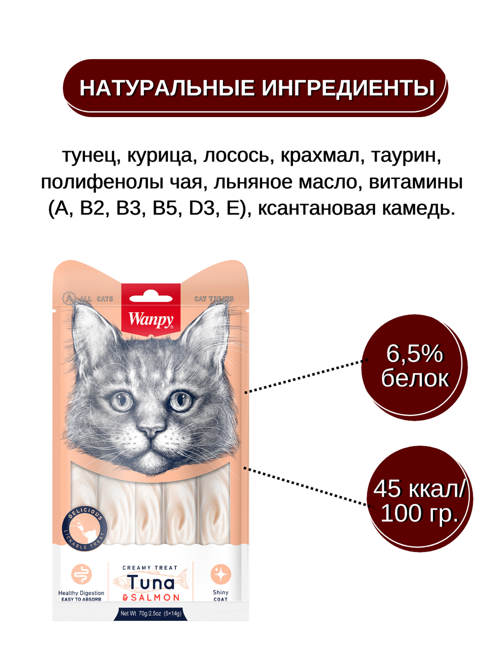 Wanpy Cat Лакомство для кошек «нежное пюре» из тунца и лосося 70 г (5шт х 14г)