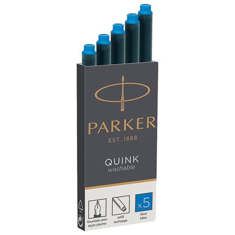 Картриджи чернильные PARKER "Cartridge Quink", КОМПЛЕКТ 5 шт., смываемые чернила, синие, 1950383