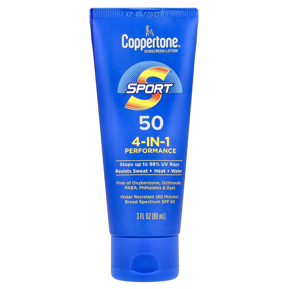 Coppertone, Sport, солнцезащитный лосьон, эффективность 4-в-1, SPF 50, 89 мл (3 жидк. унц.)