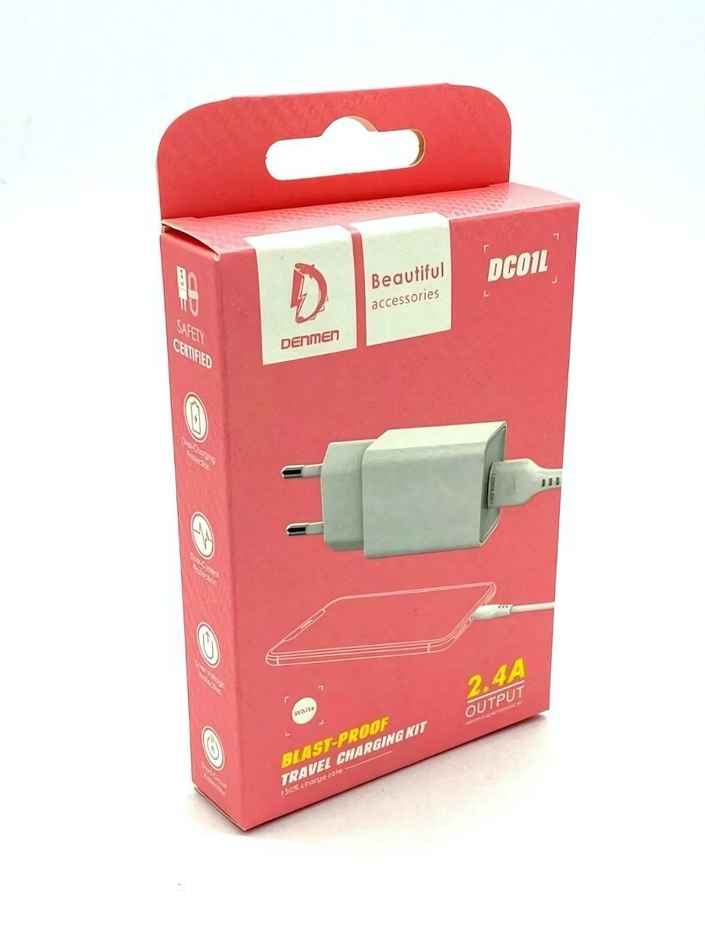 Зарядное устройство DENMEN DC01L 2.4A USB + кабель Lightning White