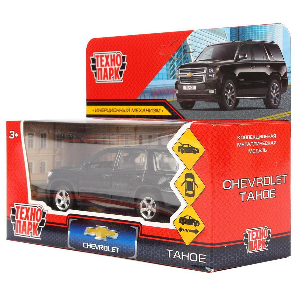 Модель ин. мет. "Chevrolet Tahoe" 12см, двери, багаж, черный, коробка TAHOE-BK (Технопарк)