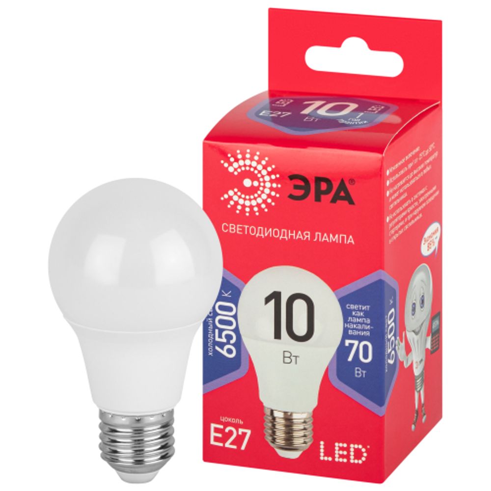 Лампа светодиодная ЭРА RED LINE LED A60-10W-865-E27 R 10Вт груша холодный дневной свет Е27 | Лампы cветодиодные Груша (A)