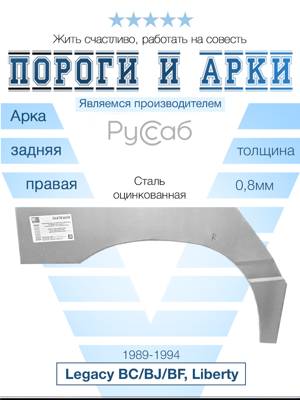 Арка без выемки под молдинг правая Subaru Legacy BC/BJ/BF, Liberty 1989-1994