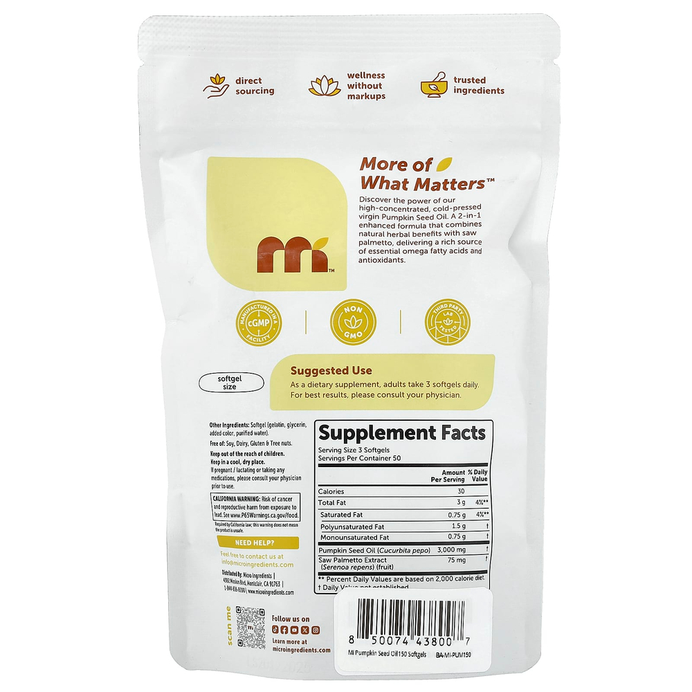 Micro Ingredients, масло семян тыквы с сереноей, 150 капсул