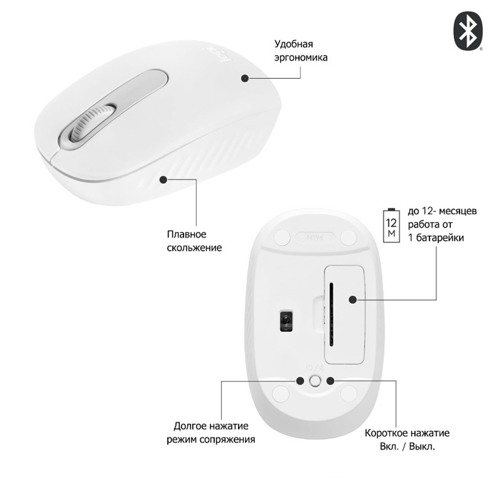 Мышь Logitech M196, беспроводная Bluetooth, White