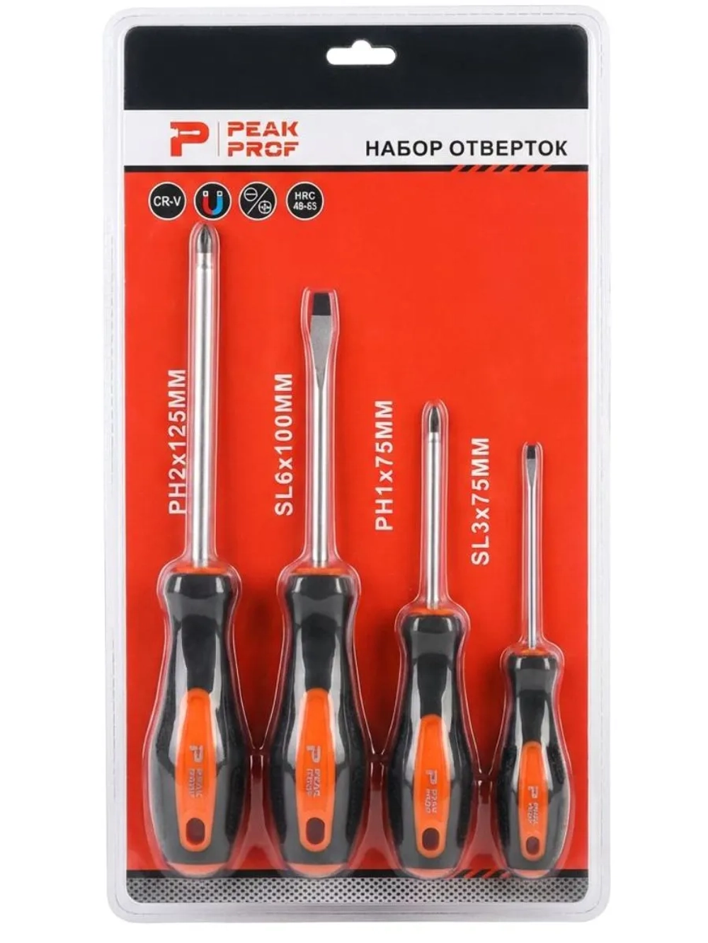 Набор отверток PEAK PROF 4 штуки PH2, SL6, PH1, SL3