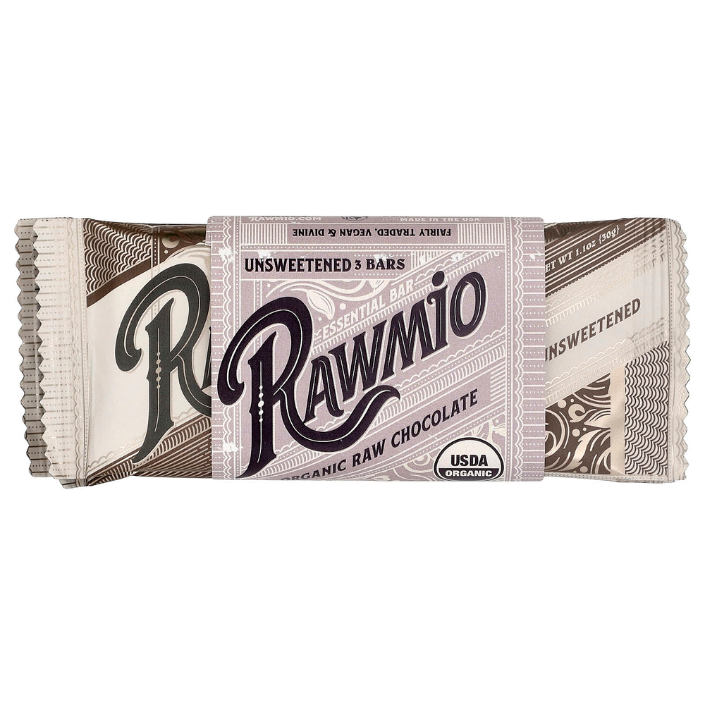 Rawmio, органический необработанный шоколад, без подсластителей, 100% какао, 3 плитки по 30 г (1,1 унции)