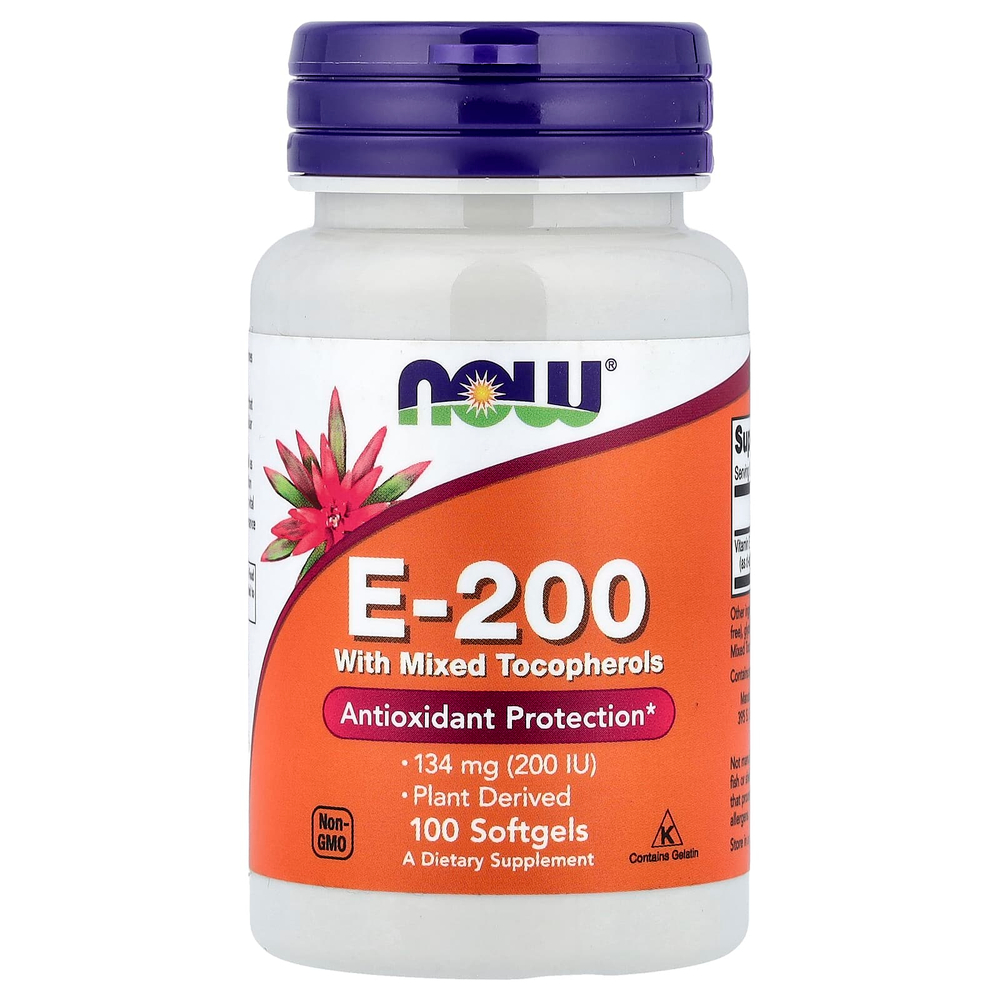 NOW Foods, E-200 со смешанными токоферолами, 134 мг (200 МЕ), 100 мягких таблеток
