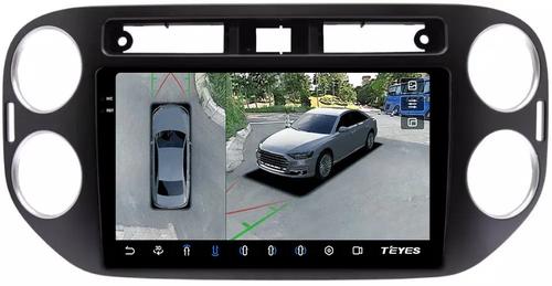 Магнитола для Volkswagen Tiguan 1 2011-2016 (аварийка прямоугольная, рамка чёрная) - Teyes CC3-2K-360 на Android 10, Быстрая, 2K QLED, CarPlay, 4G SIM-слот, 4 камеры в комплекте