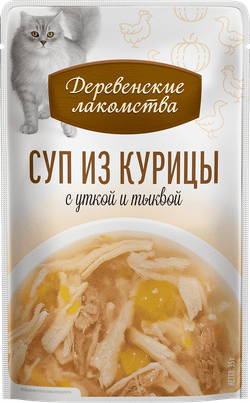 Деревенские лакомства консервы д/кошек «Суп из курицы с уткой и тыквой», пауч 35гр*4шт