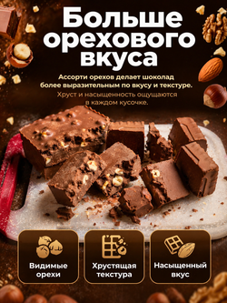 Шоколад молочный в брикетах с орехами ассорти, фундук, миндаль, грецкий орех